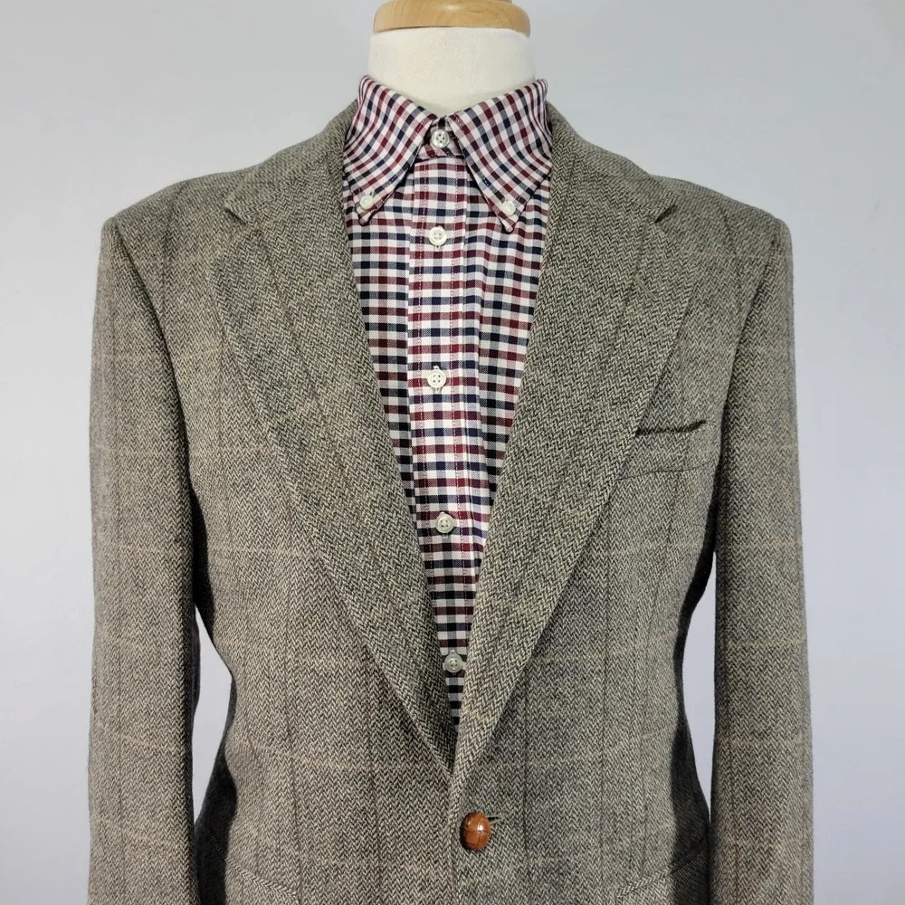 Men's Tweed Style Sport Coat Blazer‎ Two Button Herringbone Plaid Wool Size 40R